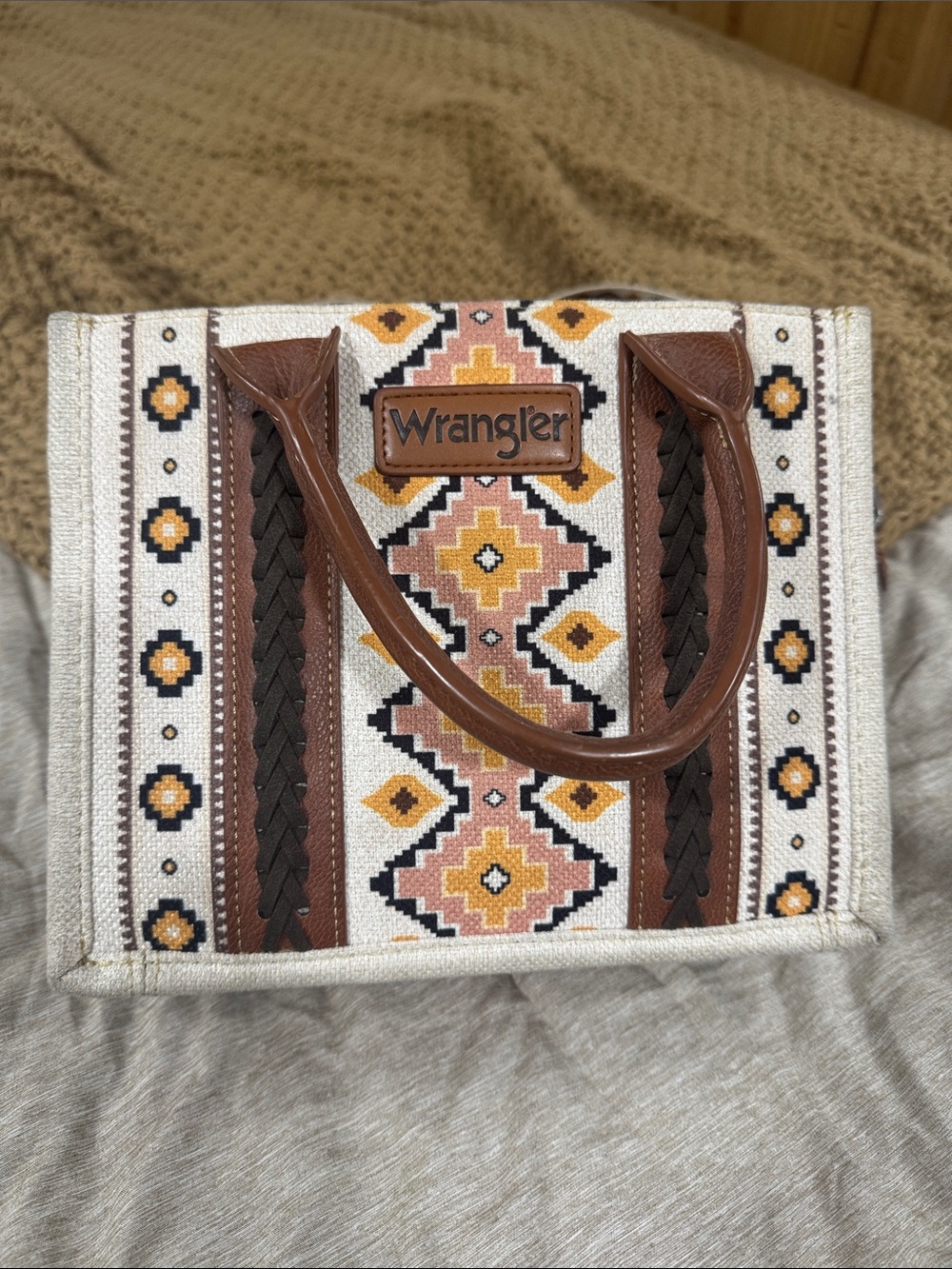 Wrangler Cream, Brown & Gold Southwestern Embroidered Tote